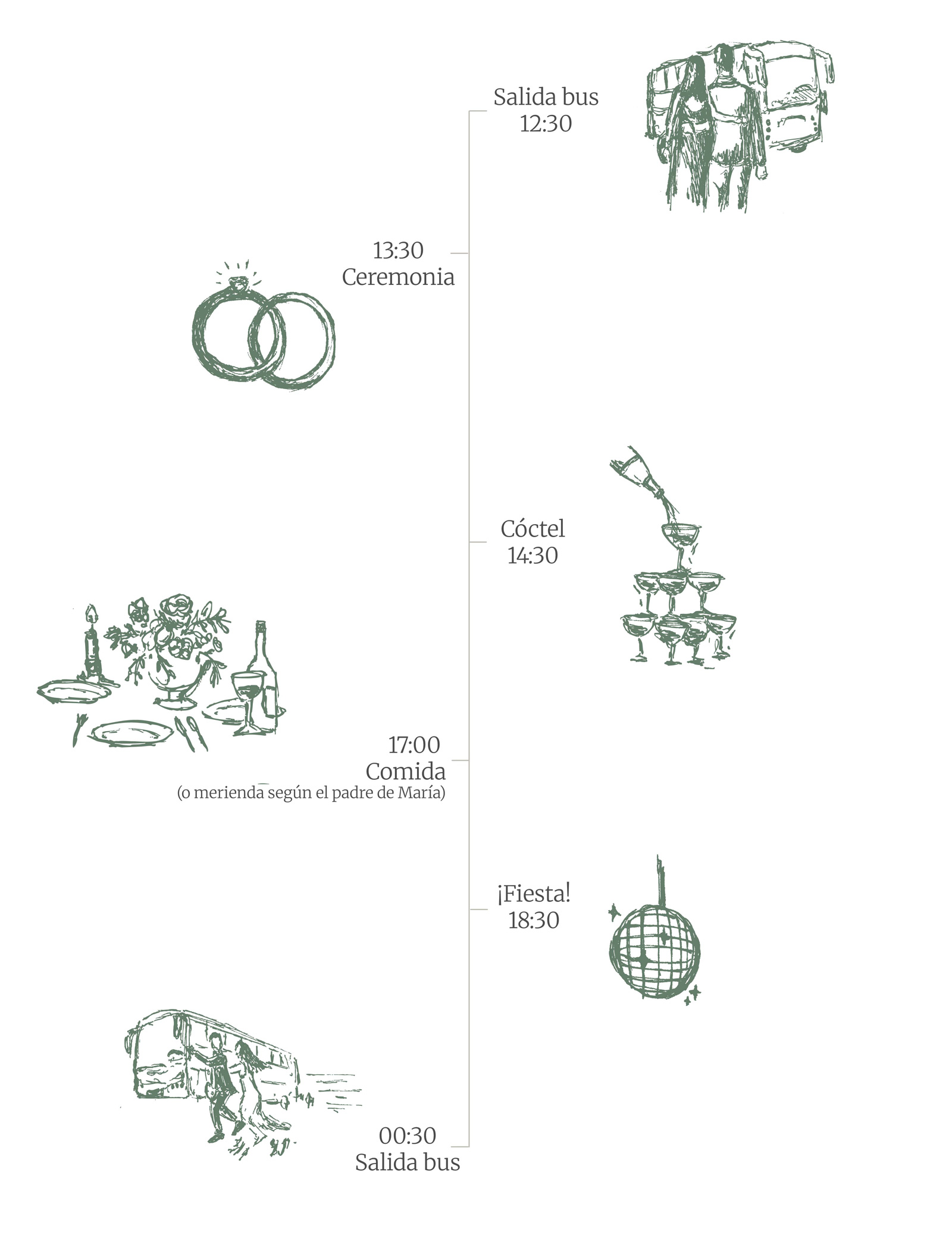 12:30 – Salida de los autobuses desde Madrid / Soto del Real
13:30 – Ceremonia
14:30 – Coctel
17:00 – Comida (o merienda según el padre de María)
18:30 – ¡Fiesta!
00:30 – Salida de los autobuses